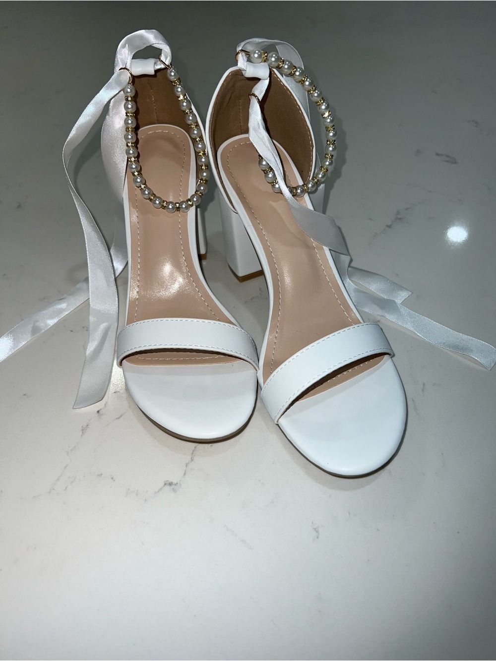 White Pearl-Embellished Ankle Tie Block Heel Sandals size 39